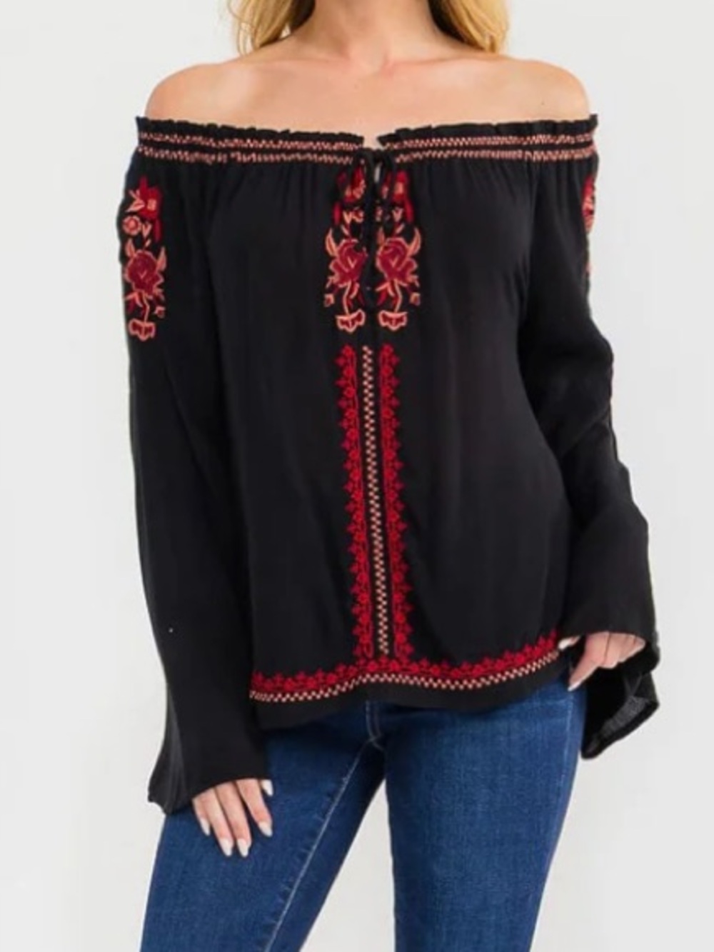Boho NWT Women Gypsy black Off-Shoulder Embroidered Top with Blue Accents S-M-L